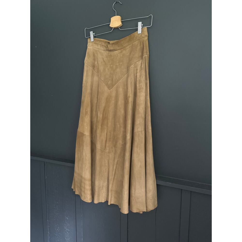 Vintage Tan Western Genuine Leather Lamb Suede Flare High Waist Midi Skirt Sz 8 - Picture 2 of 10